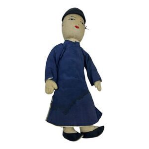 Vintage Boy Hand Made Embroidered Stitch Blue Cloth and Hat Stuffed Doll Chinese